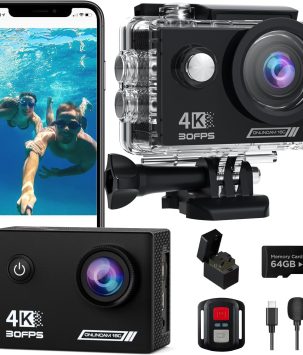 Action Camera 4K30fps with 64G SD Card,HD Waterproof Camera 131ft Underwater Cameras 20MP Pre-recording WiFi Camera 170° Remote Control Sports Cameras with 2 Batteries Helmet Mount Accessories Kits
